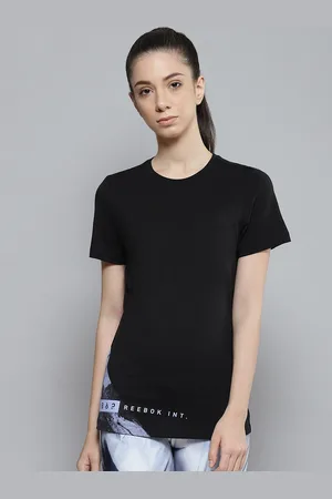 Reebok Women Black Workout Graphic Brand Logo Placement Print Slim Fit Training T-shirt