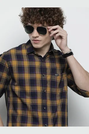 The Indian Garage Co Men Navy Blue & Mustard Yellow Checked Casual Shirt