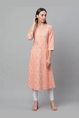 akheri Women Peach-Coloured & White Chikankari Embroidered A-Line Kurta