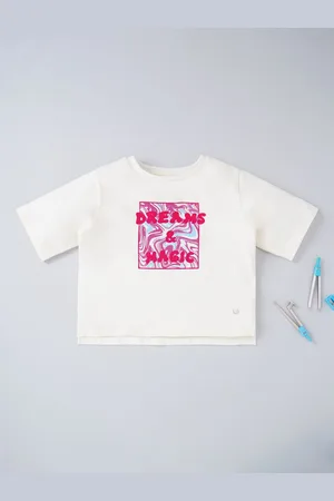 Ed-a-Mamma Girls Off White Typography Printed T-shirt