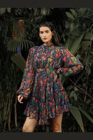 Baise Gaba Navy Blue Tropical Printed lared A-Line Dress