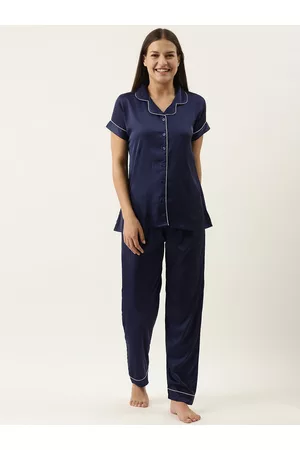 Women Navy Blue Satin Night Suit