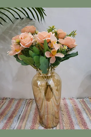 BS AMOR Set Of 2 Peach & Green Artificial Rose Flowers