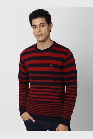 Peter England Men Red & Black Striped Sweater