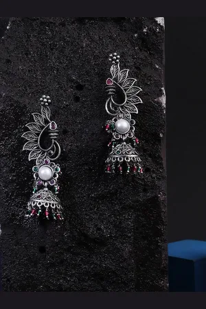 Adwitiya Collection Silver-Plated Oxidised Classic Jhumkas Earrings