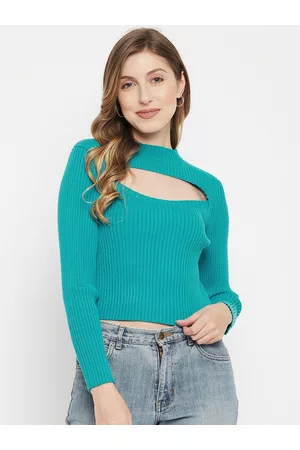 MADAME Women Blue Ribbed Round Neck Crop Pullover