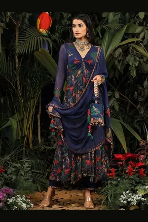 Baise Gaba Women Navy Blue Floral Printed Pleated Kurta with Trousers & Dupatta