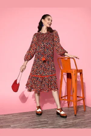 Antheaa Navy Blue & Orange Floral Print Chiffon A-Line Knee Length Dress