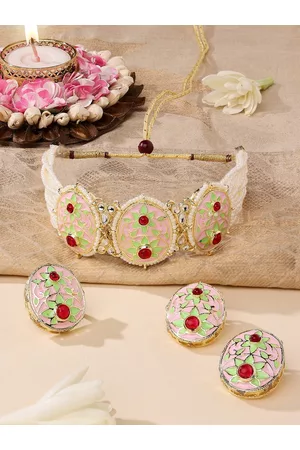 Zaveri Pearls Gold-Plated & Pink Stone-Studded Pearl Beaded Choker Jewellery Set