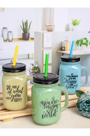 GOODHOMES Blue & Green Set of 3 Printed Mason Jar with Metal Lid & Straw 450 ml Each