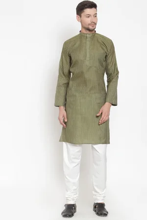 KLOTTHE Men Green Striped Pure Cotton Kurta with Pyjamas