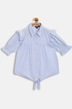 Antheaa Blue & White Striped Front Tie-Up Shirt Style Top