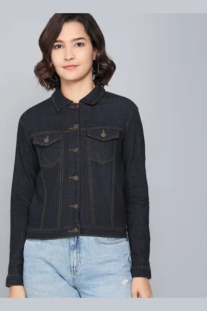 KOTTY Women Navy Blue Washed Cotton Denim Jacket