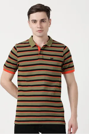 Lee Men Green & Black Striped Polo Collar Slim Fit Cotton T-shirt