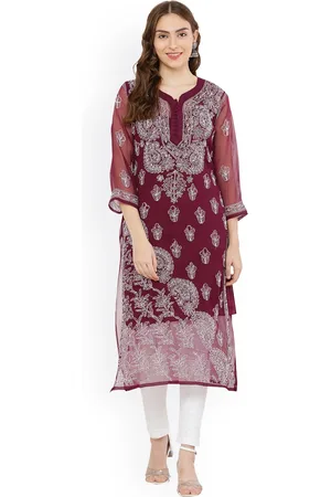 FAWOMENT Women Burgundy Ethnic Motifs Embroidered Chikankari Straight Fit Georgette Kurta
