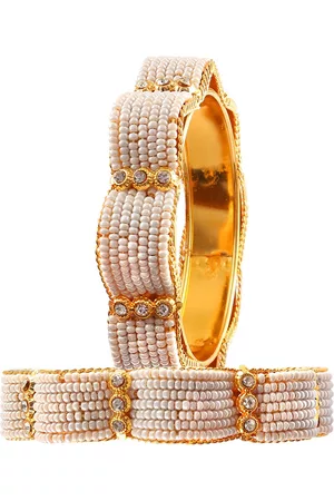 Jewar Mandi Set Of 2 Gold-Plated & AD Cz Pearl Kundan Rhinestone -Studded Bangles