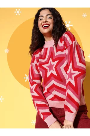 Berrylush Women Pink Geometric Printed Pullover Sweater