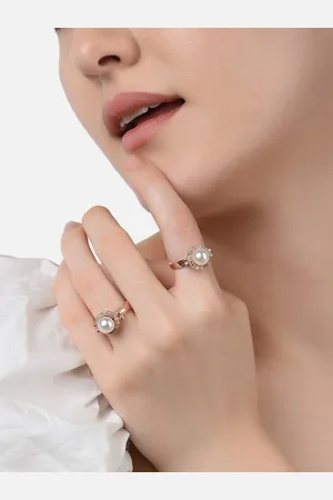 Ami Set Of 2 Rose Gold-Plated White CZ-Studded & Beaded Adjustable Finger Rings