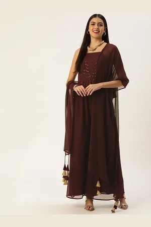 SWAGG INDIA Women Brown Ethnic Motifs Embroidered Sequinned Top with Palazzos & With Dupatta