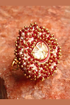 DUGRISTYLE Gold-Plated Kundan-Studded & Pearl Beaded Adjustable Finger Ring