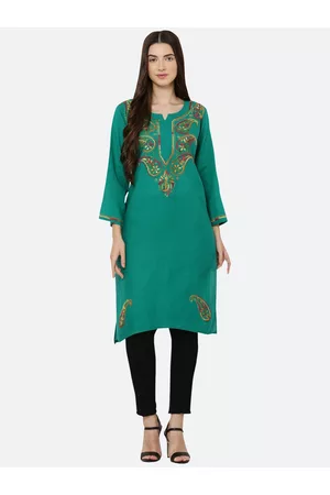 FAWOMENT Women Green Ethnic Motifs Embroidered Thread Work Handloom Kurta