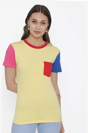 DOOR74 Women Yellow & Pink Cotton T-shirt