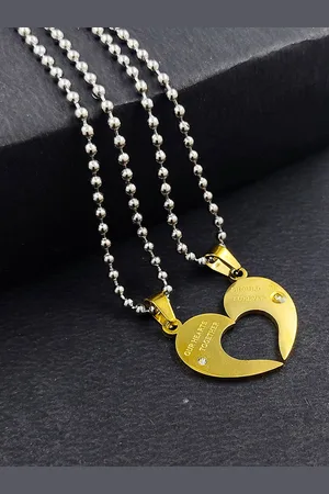 Saizen Set Of 2 Gold-Plated Stone-Studded Heart Shaped Couple Pendant with Link Chain