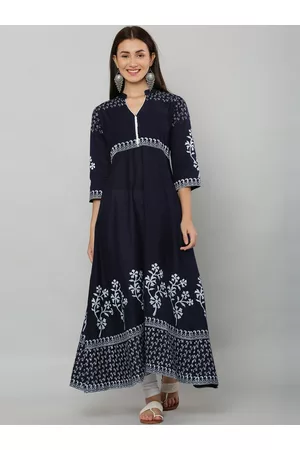 EZIS FASHION Women Navy Blue Floral Printed Thread Work Anarkali Kurta