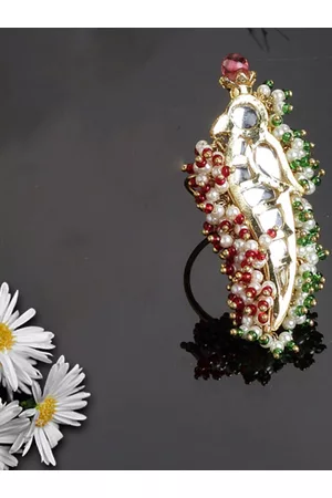 DUGRISTYLE Gold-Plated Kundan-Studded & Pearl Beaded Adjustable Finger Ring