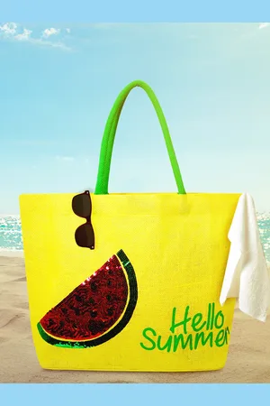 earthbags Yellow Jute Printed Oversized Shopper Tote Bag
