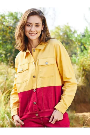 ATHENA Women Colourblocked Crop Cotton Denim Jacket