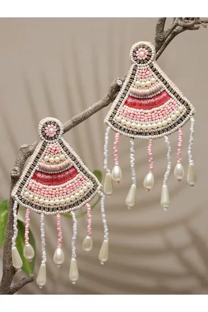 Anekaant Pink & White Triangular Drop Earrings