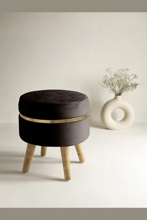 Clasiko Brown Solid Ottomans With Golden Ring & Wood Legs