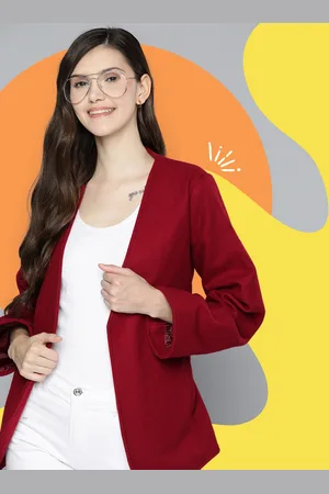 Mast & Harbour Women Maroon Solid Front-Open Blazer with Belt