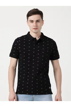 Lee Men Black Floral Printed Polo Collar Slim Fit Cotton T-shirt