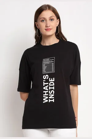 DOOR74 Women Black Typography Printed Drop-Shoulder Sleeves Raw Edge T-shirt