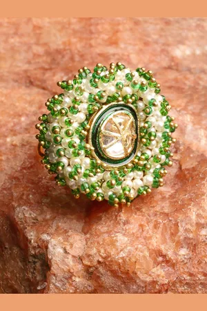 DUGRISTYLE Gold-Plated Kundan-Studded & Pearl Beaded Adjustable Finger Ring