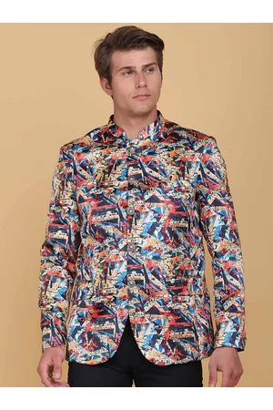 Tahvo Men Printed Satin Slim-Fit Bandhgala Party Blazer