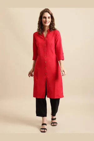 Pistaa Women Band Collar Cotton Kurta