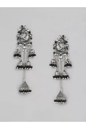Asmitta Jewellery Silver-Toned & Black Peacock Shaped Drop Earrings