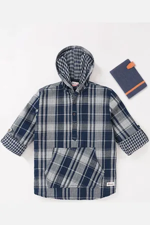 edheads Boys Blue Tartan Checked Cotton Hooded Casual Shirt