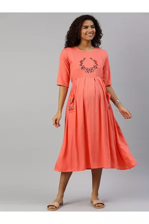 MomToBe Women Peach-Coloured Embroidered Maternity Nursing Dress