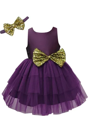 A.T.U.N. Girls Burgundy & Gold-Toned Layered Net Dress with Headband