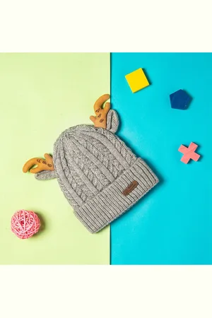 Baby Moo Unisex Kids Grey & Brown Colourblocked Wool Beanie
