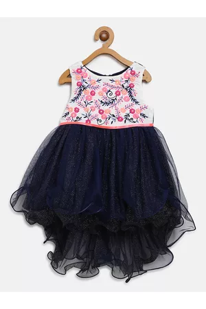 Nauti Nati Girls Navy Blue & White Floral Embroidered Fit & Flare Dress