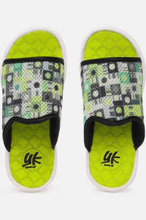 YK Unisex Kids Fluorescent Green & White Geometric Print Sliders