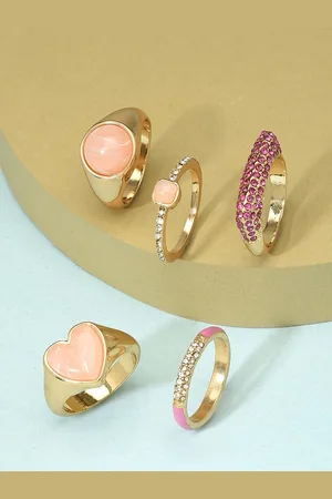 Ami Set of 5 Gold-Plated Pink & White Stone Studded Finger Ring