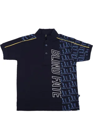 V-Mart Boys Navy Blue Typography Printed Polo Collar T-shirt