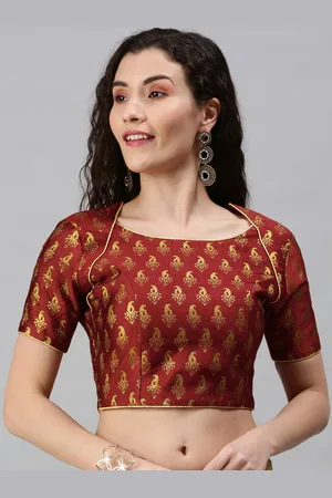 flaher Women Maroon & Golden Woven Saree Blouse