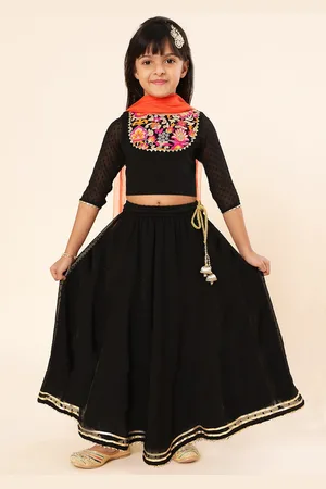 A.T.U.N. A T U N Girls Black & Orange Embroidered Ready to Wear Lehenga & Blouse With Dupatta